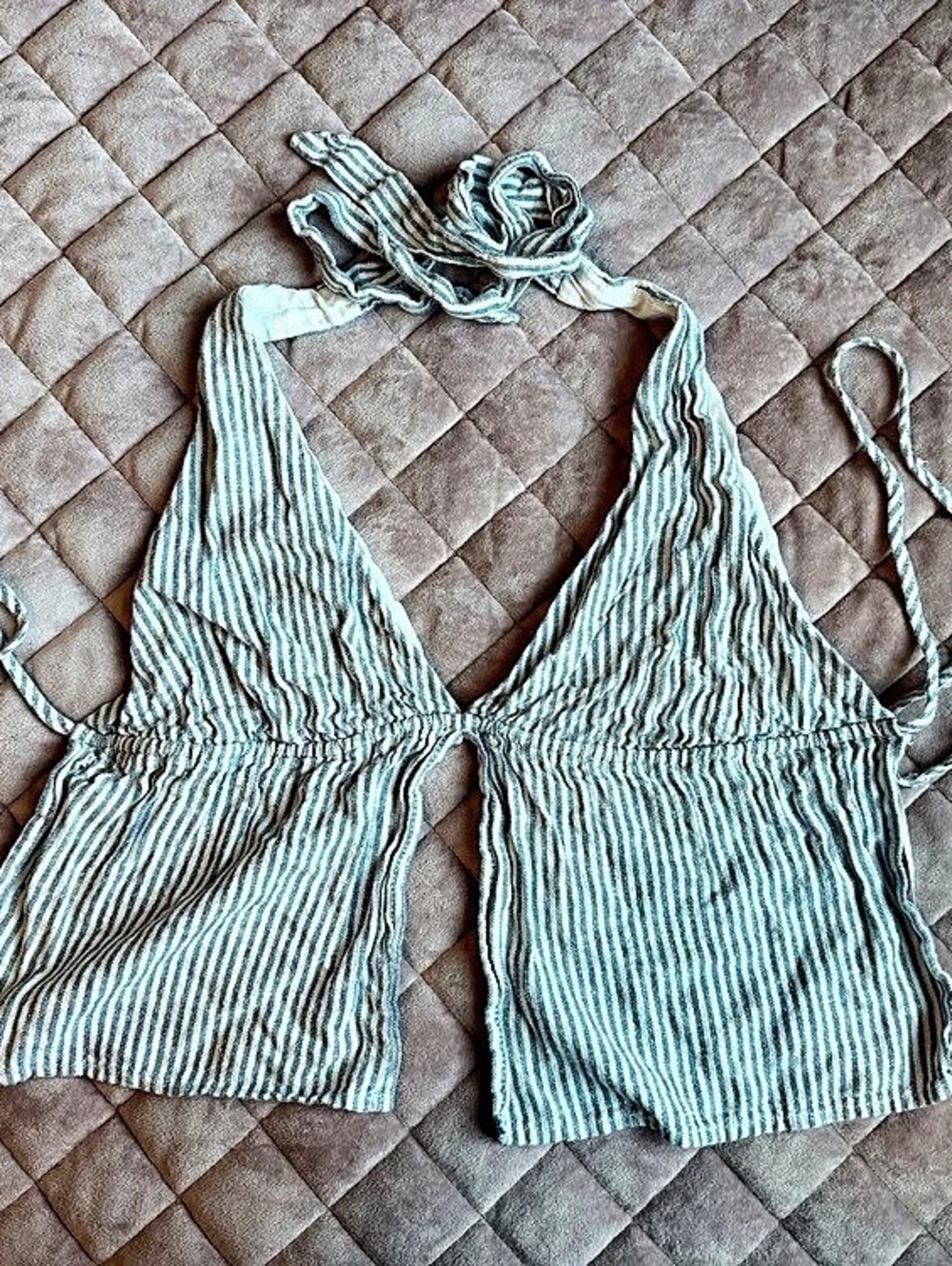 Garage Tie Back Stripe Apron Top Blue & White Crop Top
